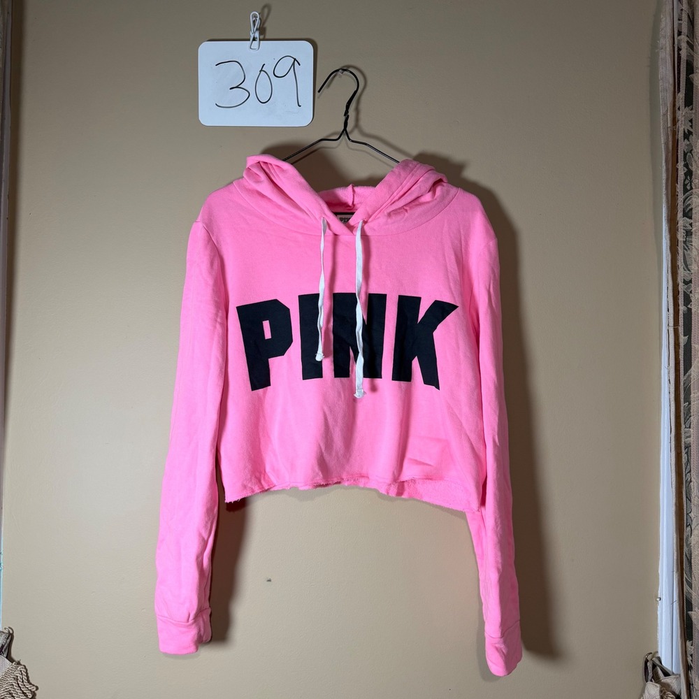 PINK Victoria's Secret Women Pink Cropped Logo Hoodie Sweatshirt Medium